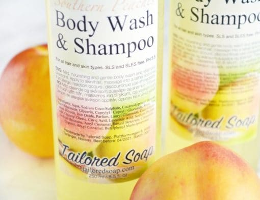Gul dusjsåpe og shampo med fersken duft